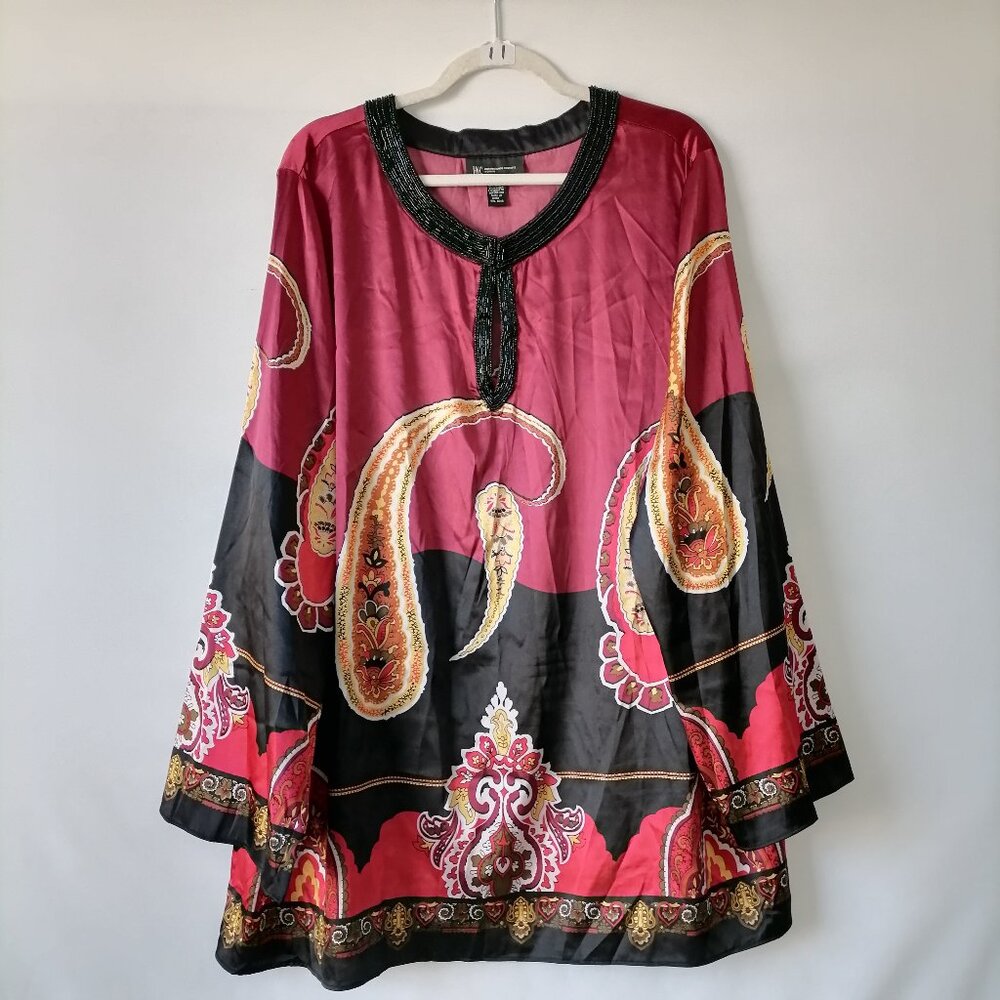 INC International Concepts Women Red Black Beaded Detailing Paisley Top Size 22